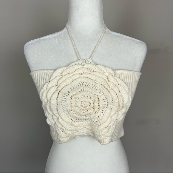 NWT ANTHROPOLOGIE FLAT WHITE KNIT FLORAL CROPPED HALTER TOP SIZE LARGE - Picture 7 of 15